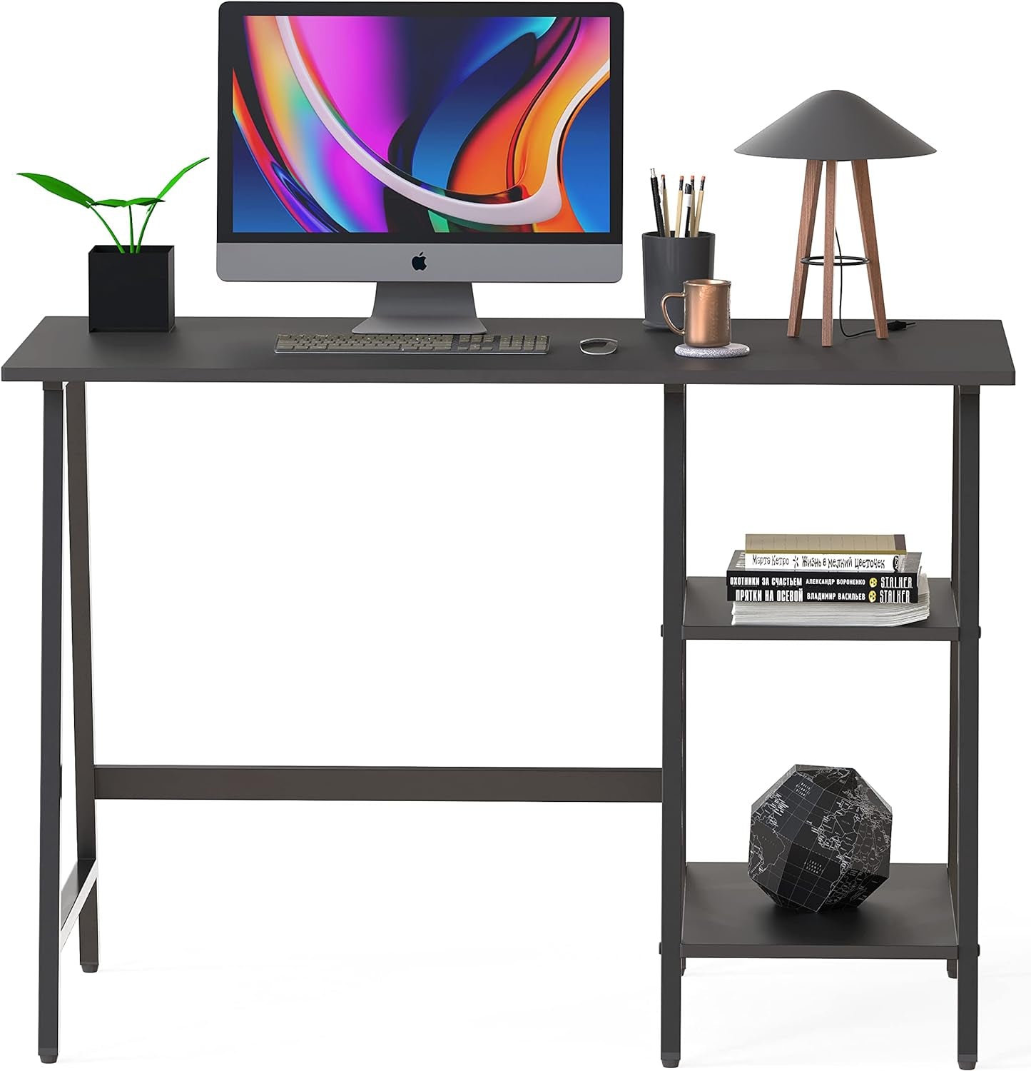 43-Inch Home Office Trestle Computer Desk with Open Storage Shelves, Black