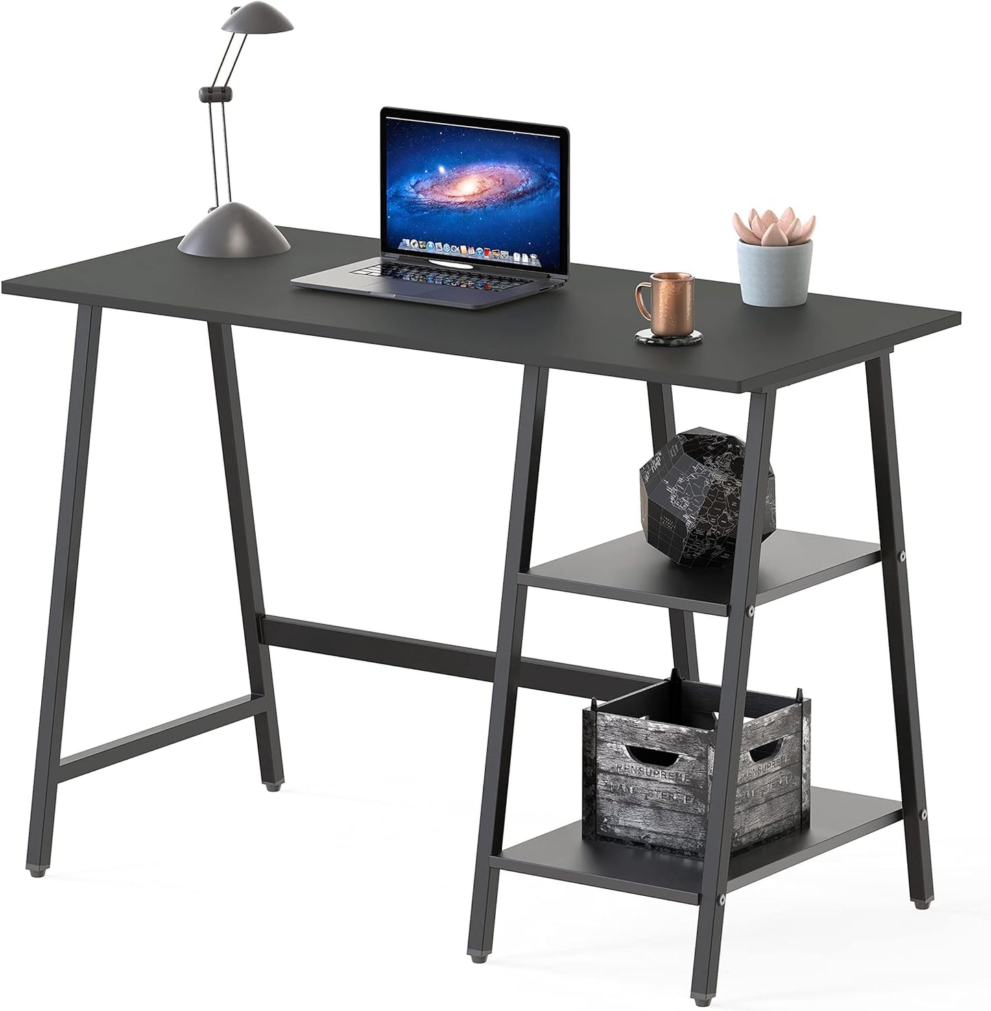 43-Inch Home Office Trestle Computer Desk with Open Storage Shelves, Black
