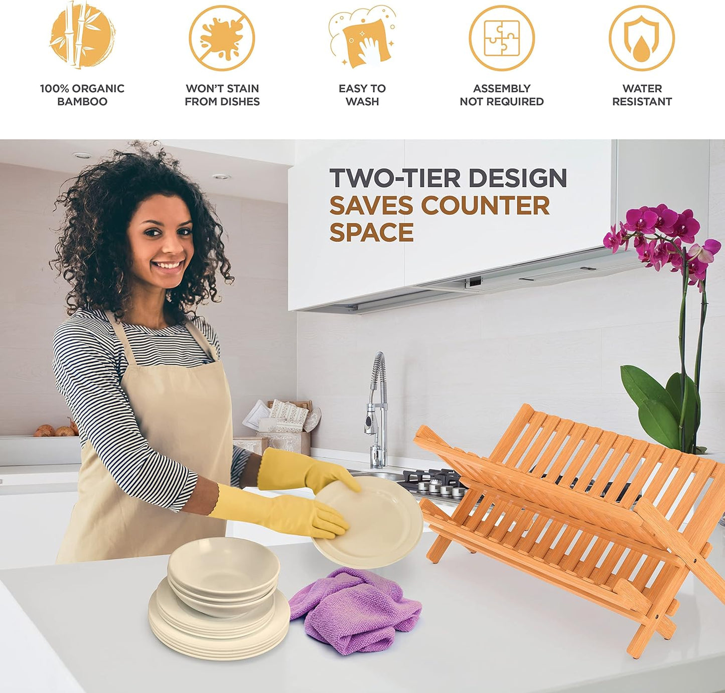 Dish Drying Rack - Collapsible 2-Tier Bamboo Dish Rack for Kitchen Counter, Wooden Dish Drainer with Foldable Space-Saving Design - BAMBUSI Drying Rack for Dishes, Plates, and Cups - Housewarming Gift