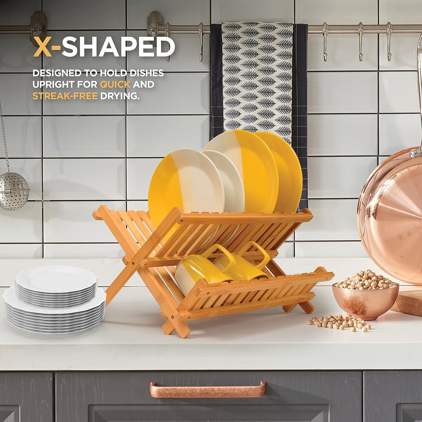 Dish Drying Rack - Collapsible 2-Tier Bamboo Dish Rack for Kitchen Counter, Wooden Dish Drainer with Foldable Space-Saving Design - BAMBUSI Drying Rack for Dishes, Plates, and Cups - Housewarming Gift