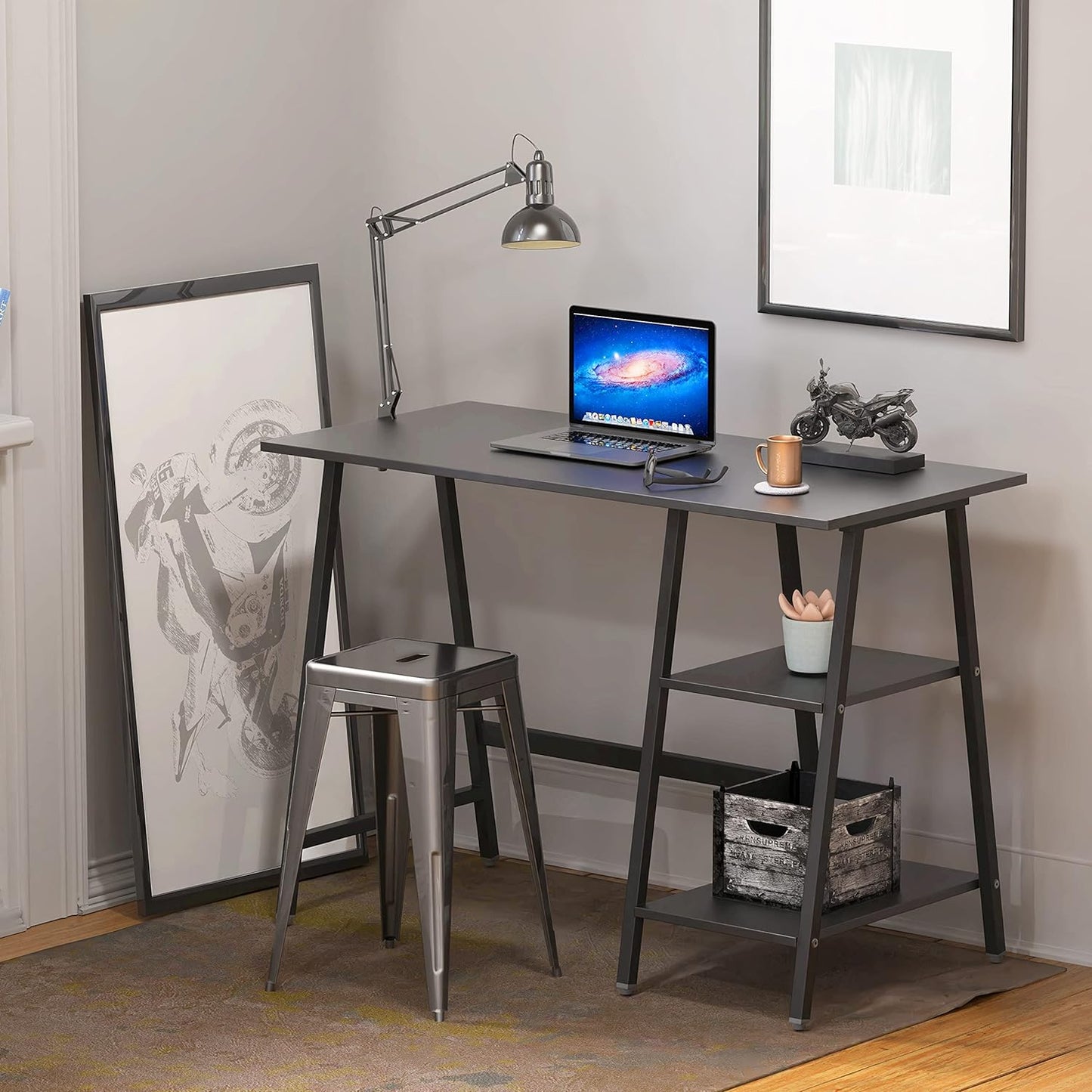 43-Inch Home Office Trestle Computer Desk with Open Storage Shelves, Black