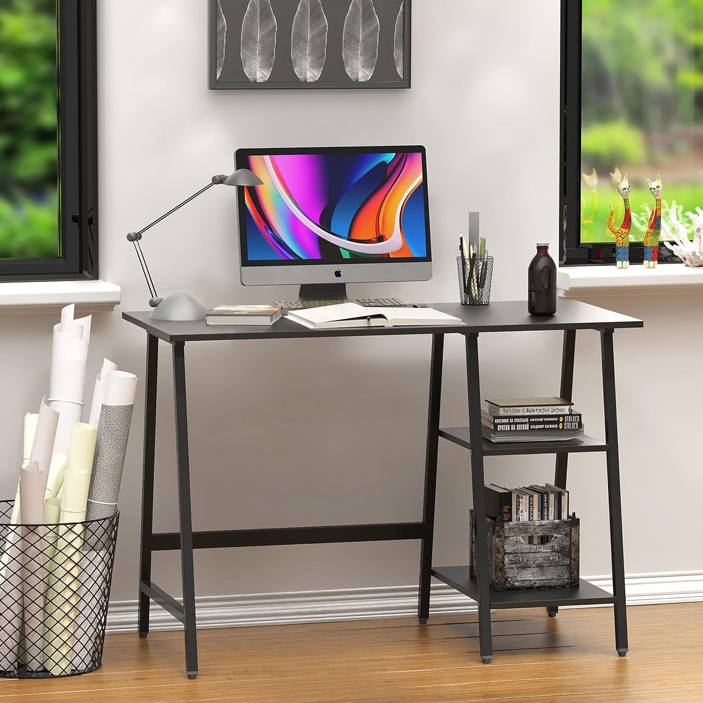43-Inch Home Office Trestle Computer Desk with Open Storage Shelves, Black