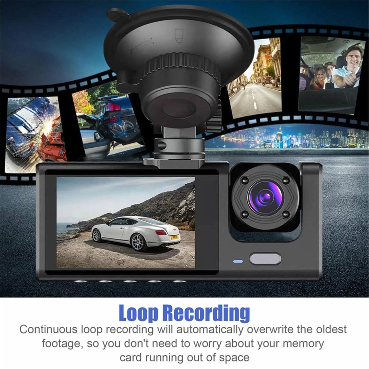 Dual Dash Cam with Front and Rear 1080P HD Cameras, Night Vision, Loop Recording, G-Sensor, 3.0 Inch LCD Display