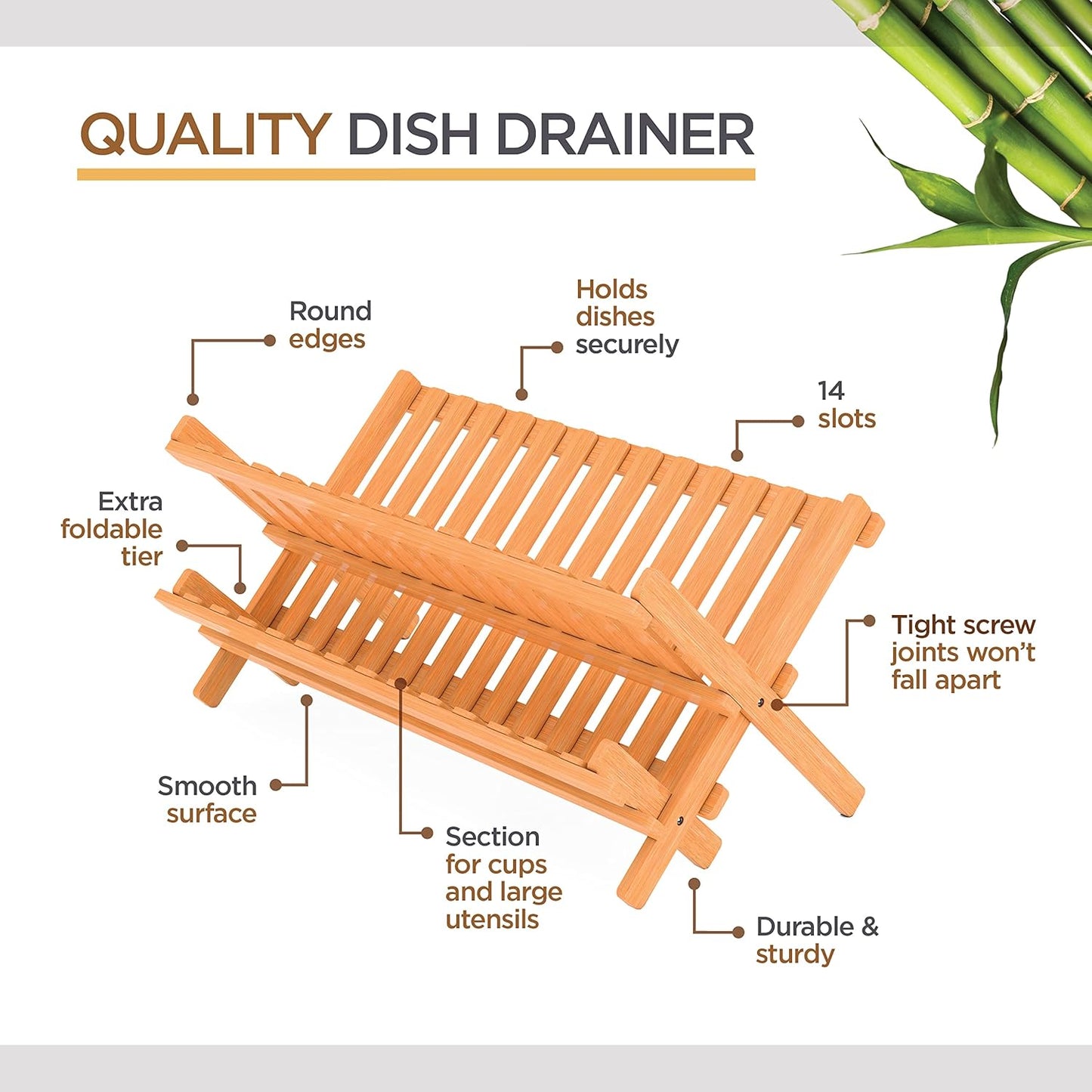 Dish Drying Rack - Collapsible 2-Tier Bamboo Dish Rack for Kitchen Counter, Wooden Dish Drainer with Foldable Space-Saving Design - BAMBUSI Drying Rack for Dishes, Plates, and Cups - Housewarming Gift