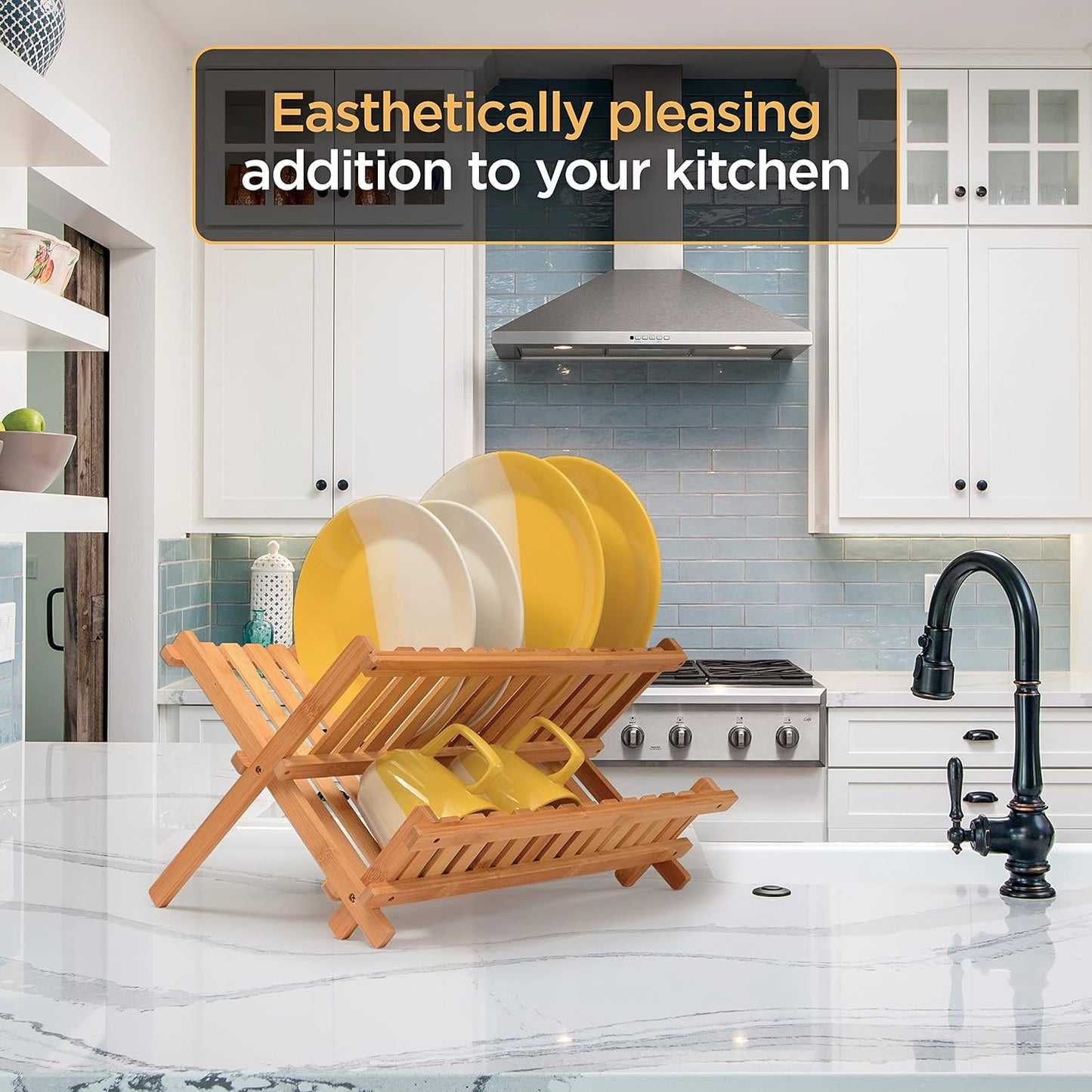 Dish Drying Rack - Collapsible 2-Tier Bamboo Dish Rack for Kitchen Counter, Wooden Dish Drainer with Foldable Space-Saving Design - BAMBUSI Drying Rack for Dishes, Plates, and Cups - Housewarming Gift