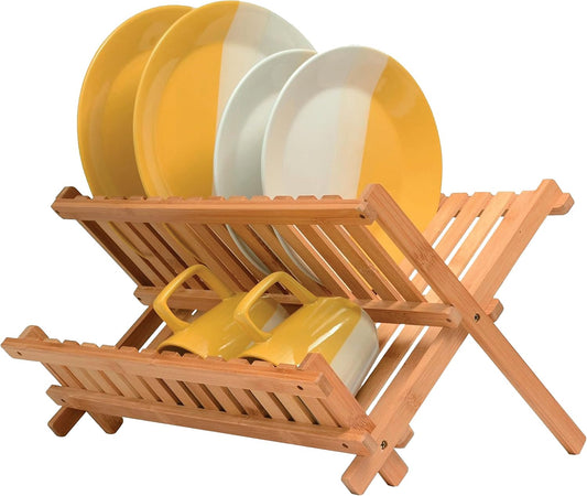 Dish Drying Rack - Collapsible 2-Tier Bamboo Dish Rack for Kitchen Counter, Wooden Dish Drainer with Foldable Space-Saving Design - BAMBUSI Drying Rack for Dishes, Plates, and Cups - Housewarming Gift