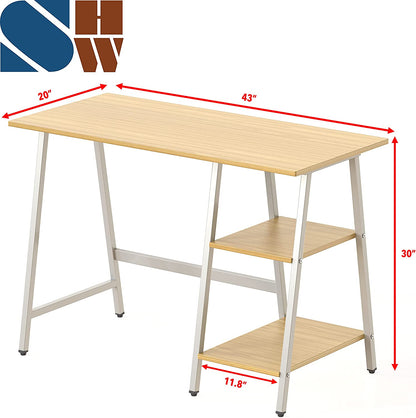 43-Inch Home Office Trestle Computer Desk with Open Storage Shelves, Oak