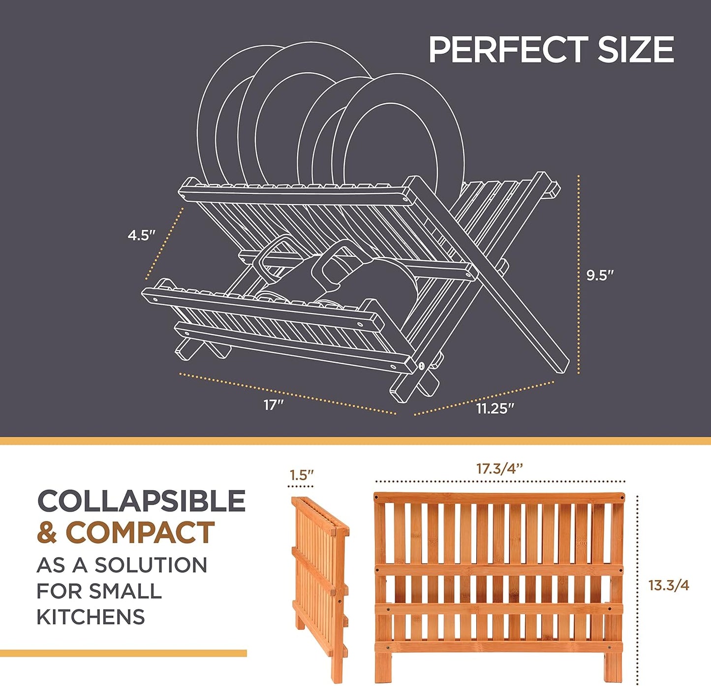 Dish Drying Rack - Collapsible 2-Tier Bamboo Dish Rack for Kitchen Counter, Wooden Dish Drainer with Foldable Space-Saving Design - BAMBUSI Drying Rack for Dishes, Plates, and Cups - Housewarming Gift