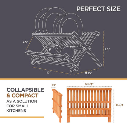 Dish Drying Rack - Collapsible 2-Tier Bamboo Dish Rack for Kitchen Counter, Wooden Dish Drainer with Foldable Space-Saving Design - BAMBUSI Drying Rack for Dishes, Plates, and Cups - Housewarming Gift