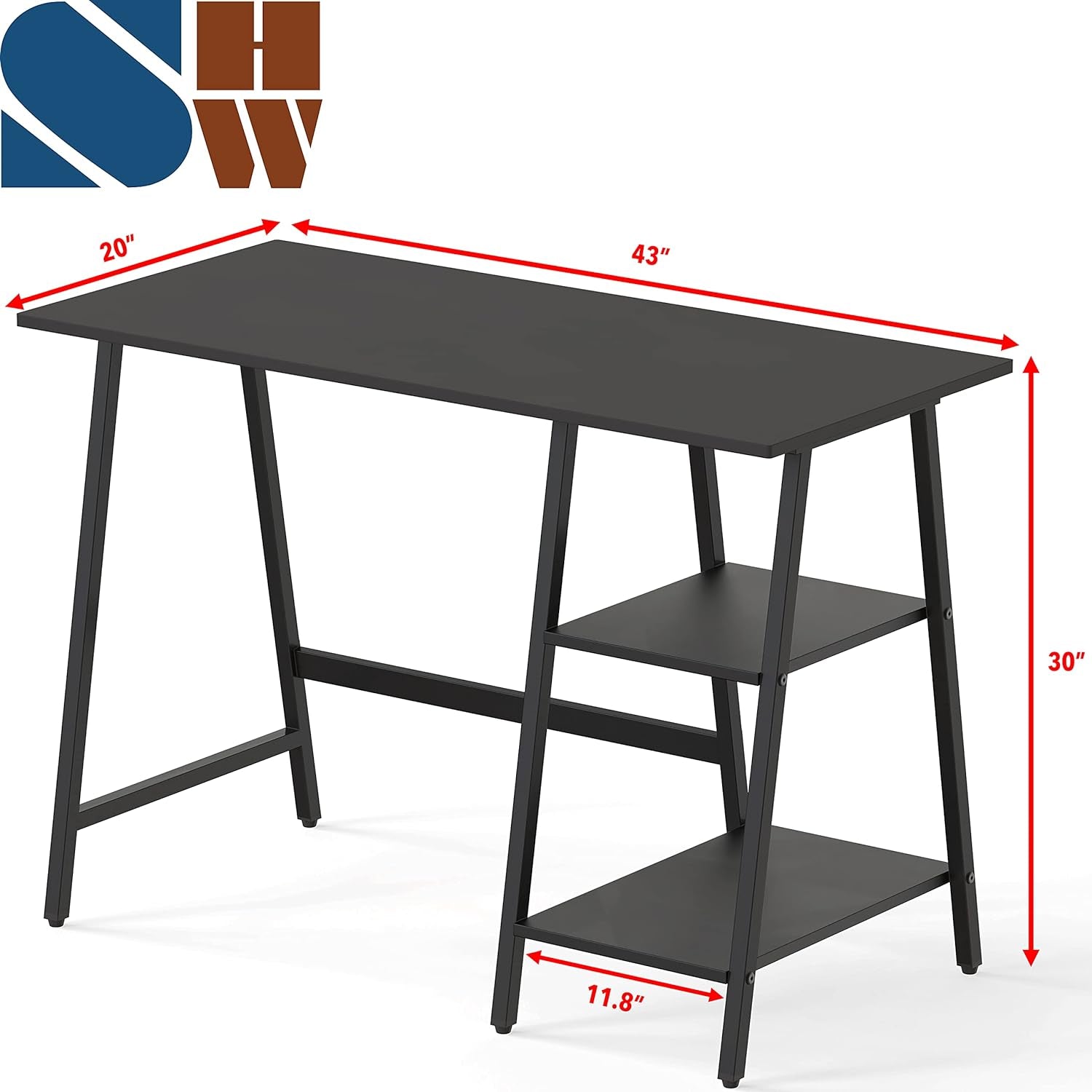 43-Inch Home Office Trestle Computer Desk with Open Storage Shelves, Black