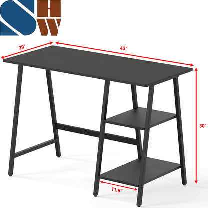 43-Inch Home Office Trestle Computer Desk with Open Storage Shelves, Black