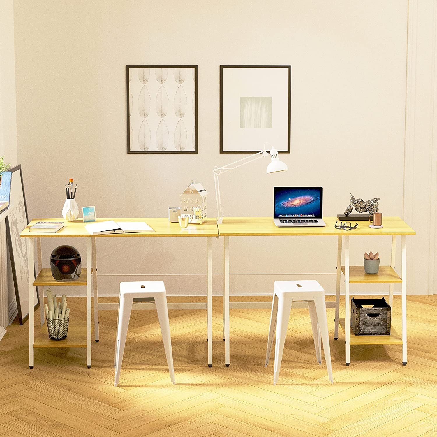 43-Inch Home Office Trestle Computer Desk with Open Storage Shelves, Oak