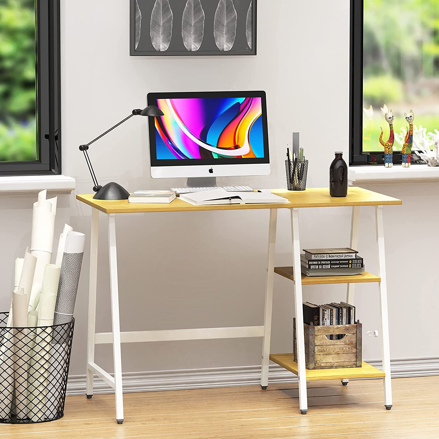 43-Inch Home Office Trestle Computer Desk with Open Storage Shelves, Oak
