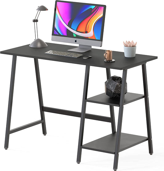 43-Inch Home Office Trestle Computer Desk with Open Storage Shelves, Black