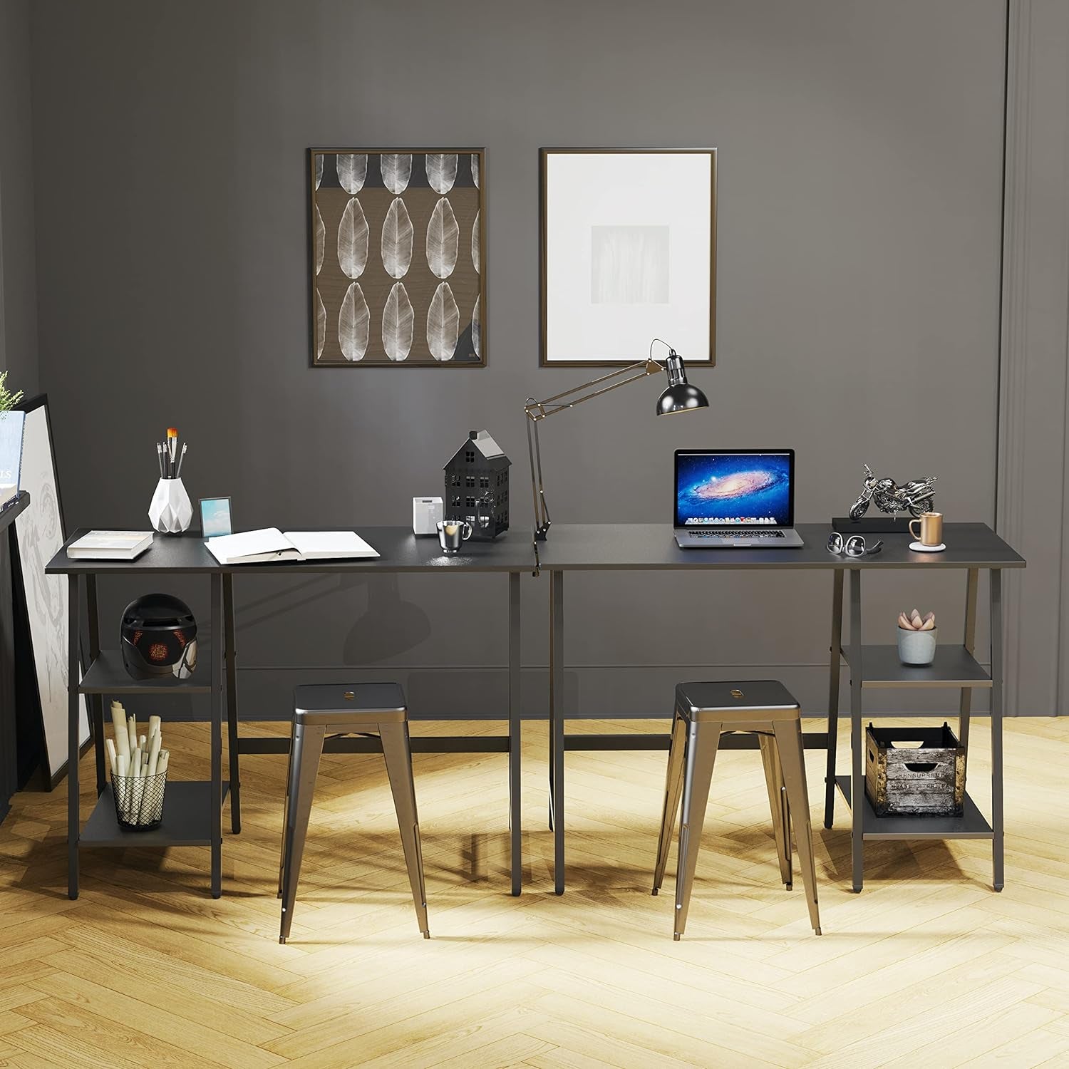 43-Inch Home Office Trestle Computer Desk with Open Storage Shelves, Black