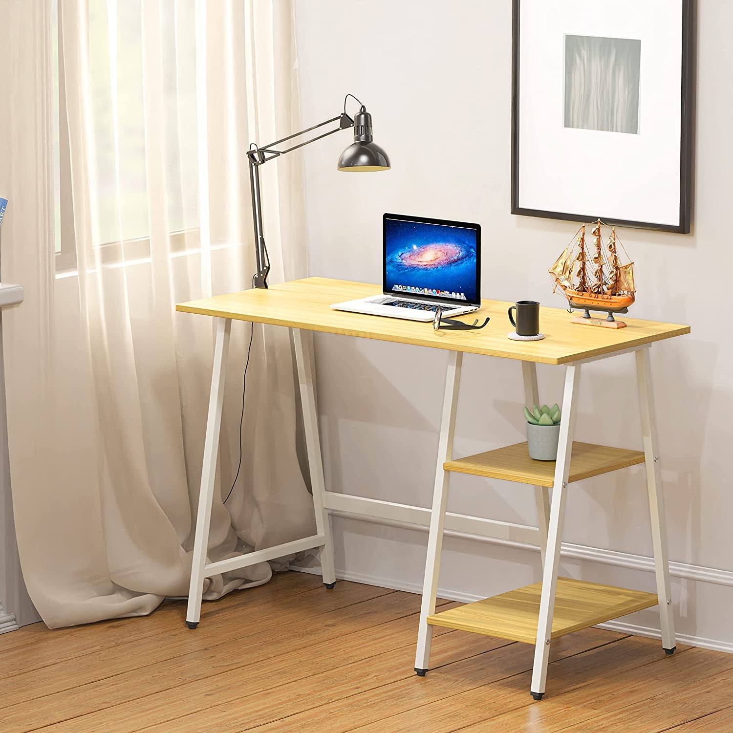 43-Inch Home Office Trestle Computer Desk with Open Storage Shelves, Oak