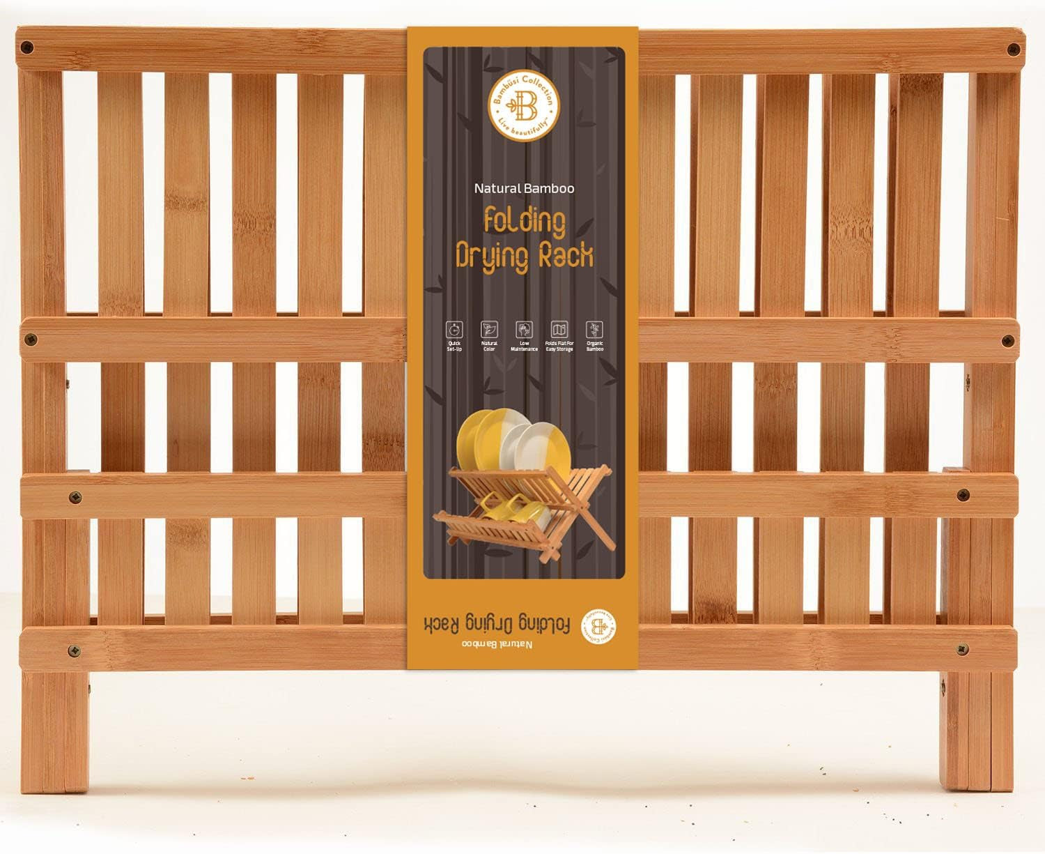Dish Drying Rack - Collapsible 2-Tier Bamboo Dish Rack for Kitchen Counter, Wooden Dish Drainer with Foldable Space-Saving Design - BAMBUSI Drying Rack for Dishes, Plates, and Cups - Housewarming Gift