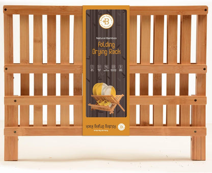 Dish Drying Rack - Collapsible 2-Tier Bamboo Dish Rack for Kitchen Counter, Wooden Dish Drainer with Foldable Space-Saving Design - BAMBUSI Drying Rack for Dishes, Plates, and Cups - Housewarming Gift