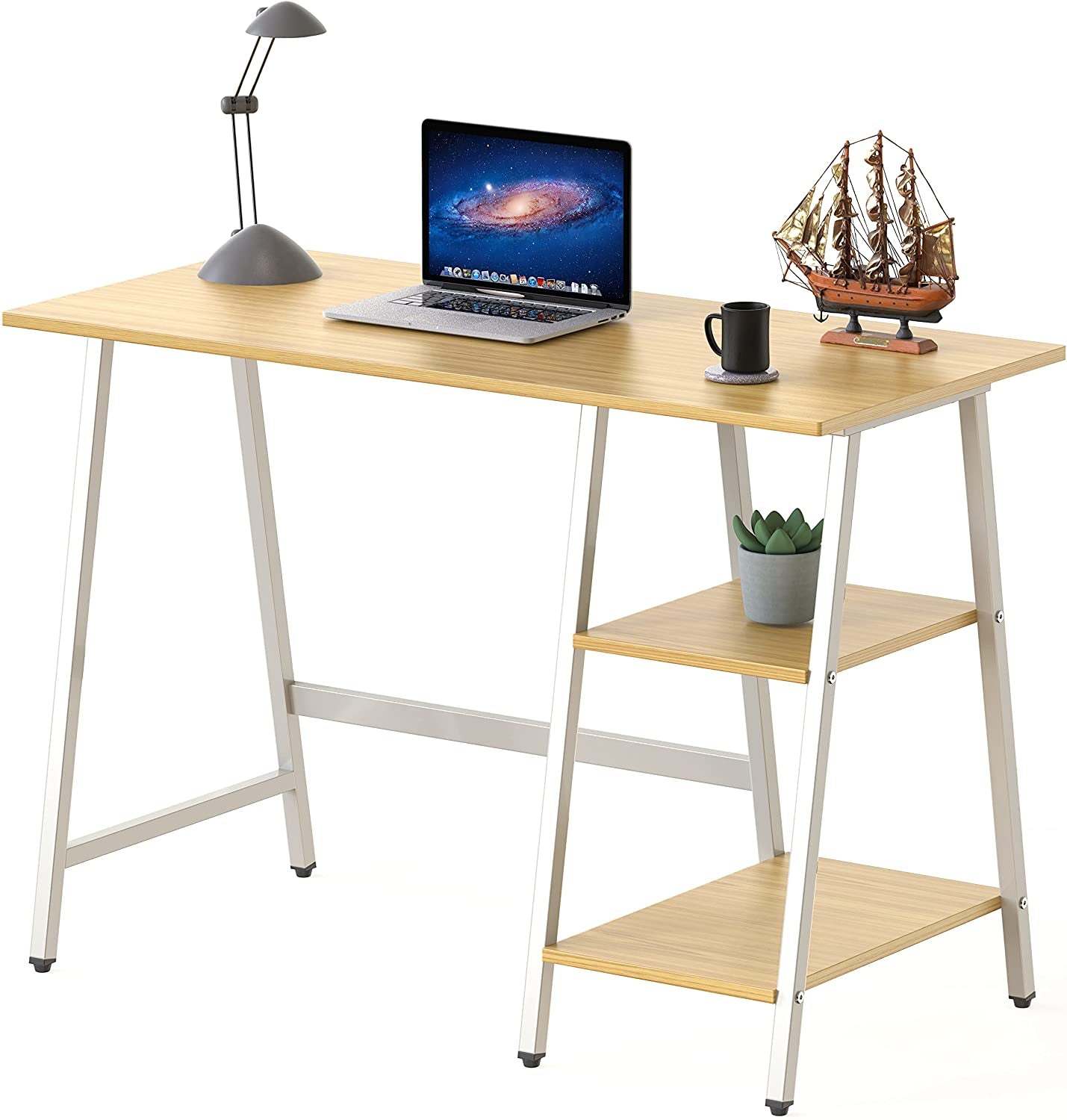 43-Inch Home Office Trestle Computer Desk with Open Storage Shelves, Oak