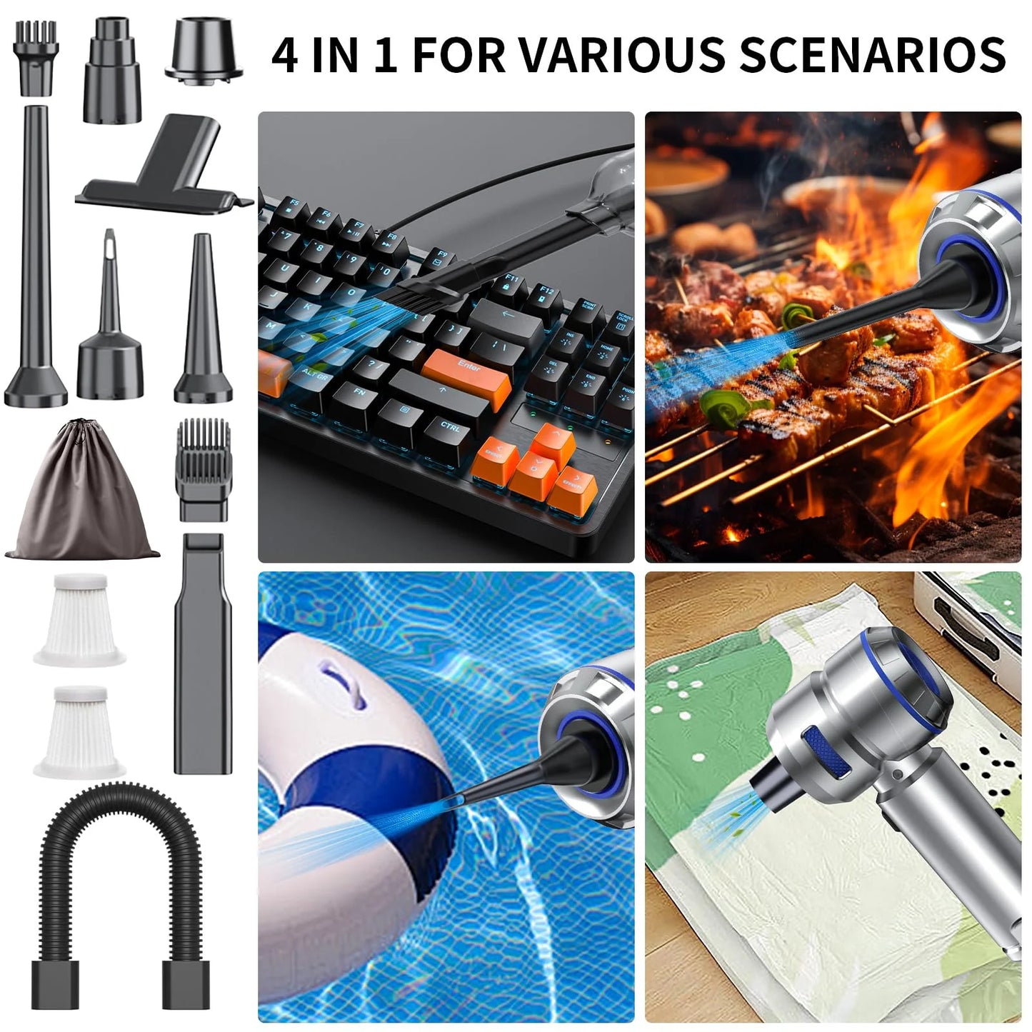 Portable High Power Car Vacuum Cleaner, 22000PA Car Vacuums 4 in 1 Compressed Air Duster & Air Blower & Pump Hand Held Vacuum Cordless with Brushless Motor for Cars Home Office