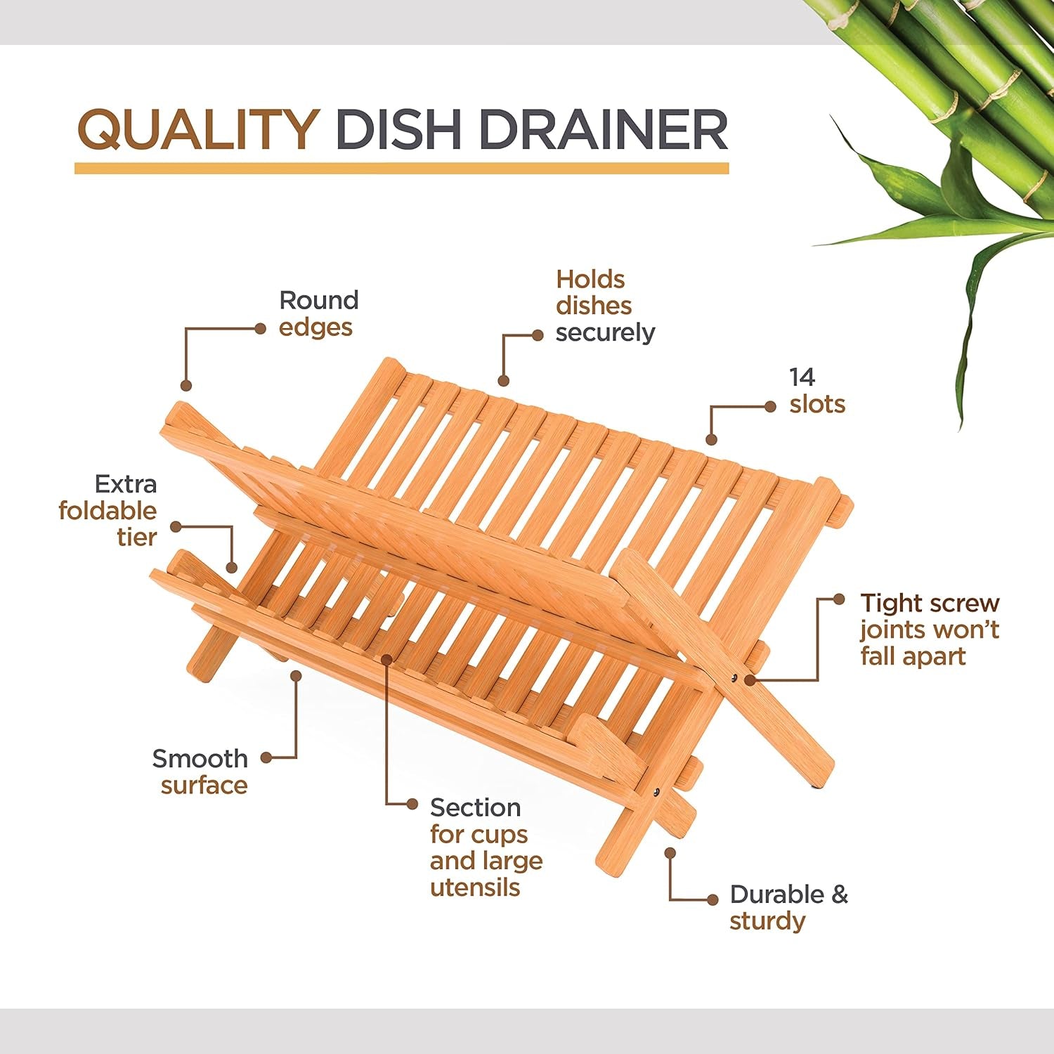 Dish Drying Rack - Collapsible 2-Tier Bamboo Dish Rack for Kitchen Counter, Wooden Dish Drainer with Foldable Space-Saving Design - BAMBUSI Drying Rack for Dishes, Plates, and Cups - Housewarming Gift