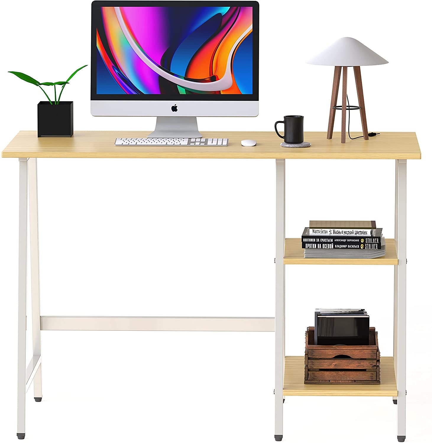 43-Inch Home Office Trestle Computer Desk with Open Storage Shelves, Oak