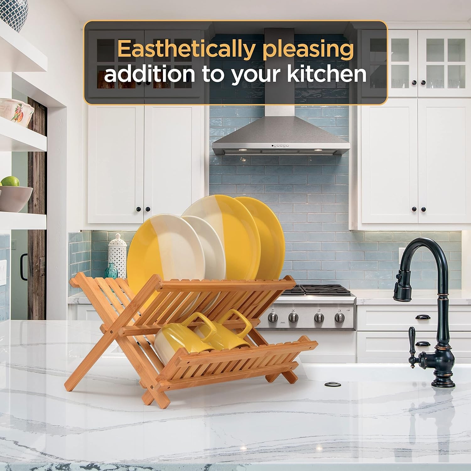 Dish Drying Rack - Collapsible 2-Tier Bamboo Dish Rack for Kitchen Counter, Wooden Dish Drainer with Foldable Space-Saving Design - BAMBUSI Drying Rack for Dishes, Plates, and Cups - Housewarming Gift